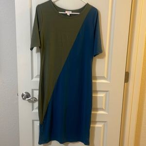 Calf length Lula Roe dress light weight short sleeve green/ blue
